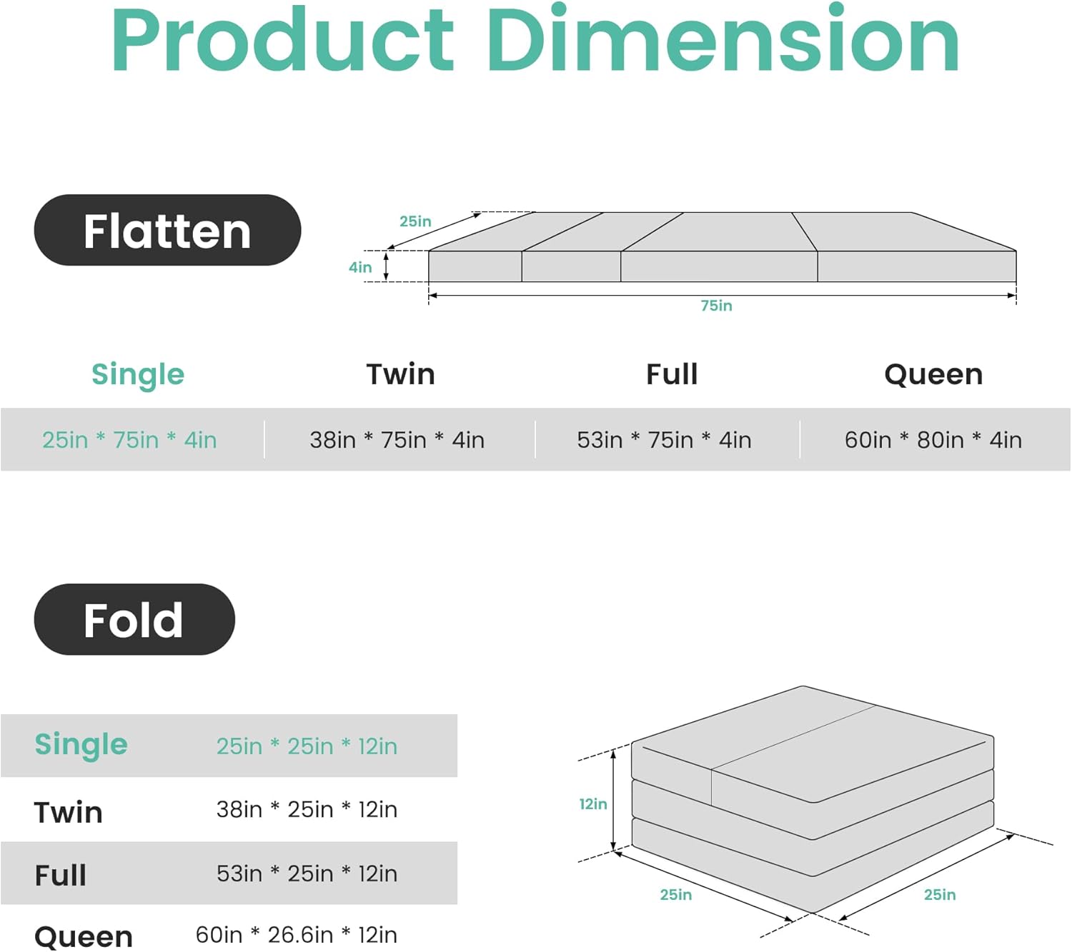 Tri-Folding Memory Foam Mattress 4"